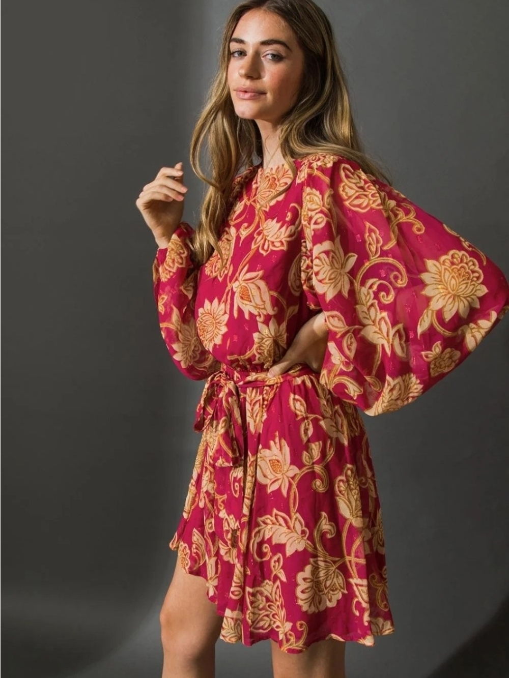 Flying Tomato Fuchsia Pink and Gold Floral Long Sleeve Dress